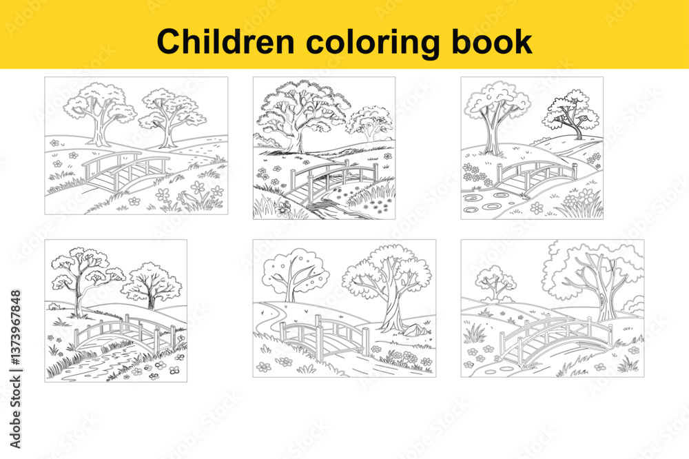 Obraz premium Scenic Nature Landscape: Garden with Trees, River, and Wooden Bridge Children's Coloring Book Illustration