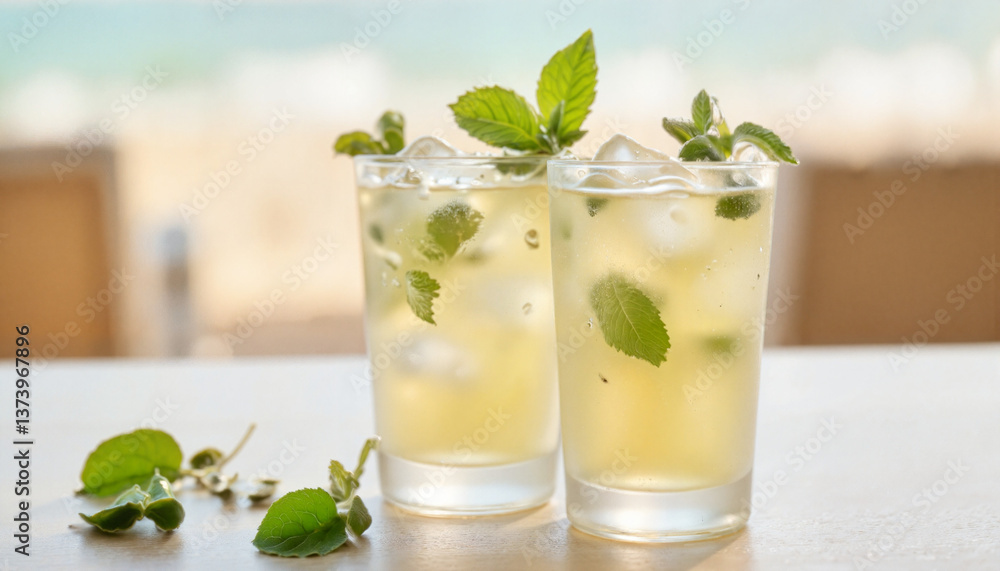 Fototapeta premium Refreshing mint juleps on shaded terrace with beach view, summer chill