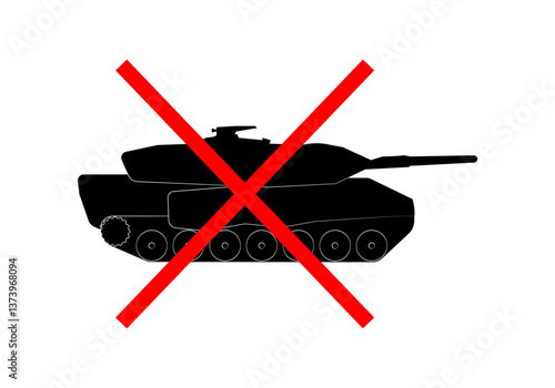 No a la guerra, no a las armas. Silueta negra de carro de combate con un aspa rojo encima