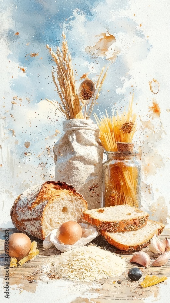 Wholesome watercolor scene featuring sliced whole grain bread, uncooked pasta, and rice on a rustic wooden table, ample space on the left for text or additional elements. Wholesome watercolor scene featuring sliced whole grain bread, uncooked pasta, and rice on a rustic wooden table, ample space on the left for text or additional elements.