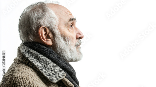 side view of old man isolated on a white background.