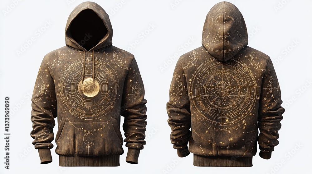 Bronze male hoodie, front and back view, ancient astrology theme, front has an engraved zodiac moon symbol, back displays an intricate celestial chart with golden constellations, white background Bronze male hoodie, front and back view, ancient astrology theme, front has an engraved zodiac moon symbol, back displays an intricate celestial chart with golden constellations, white background