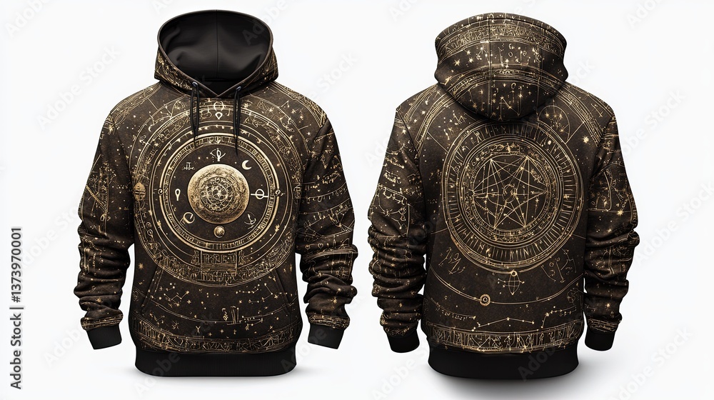 Bronze male hoodie, front and back view, ancient astrology theme, front has an engraved zodiac moon symbol, back displays an intricate celestial chart with golden constellations, white background Bronze male hoodie, front and back view, ancient astrology theme, front has an engraved zodiac moon symbol, back displays an intricate celestial chart with golden constellations, white background