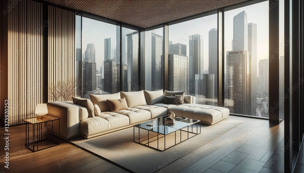 Fototapeta premium A city view living area framed by floor to ceiling windows furni