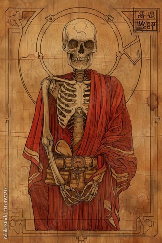 Skeleton in monk outfit painting art representation.