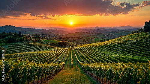 Breathtaking sunset over a serene vineyard landscape with rolling hills and lush grapevines