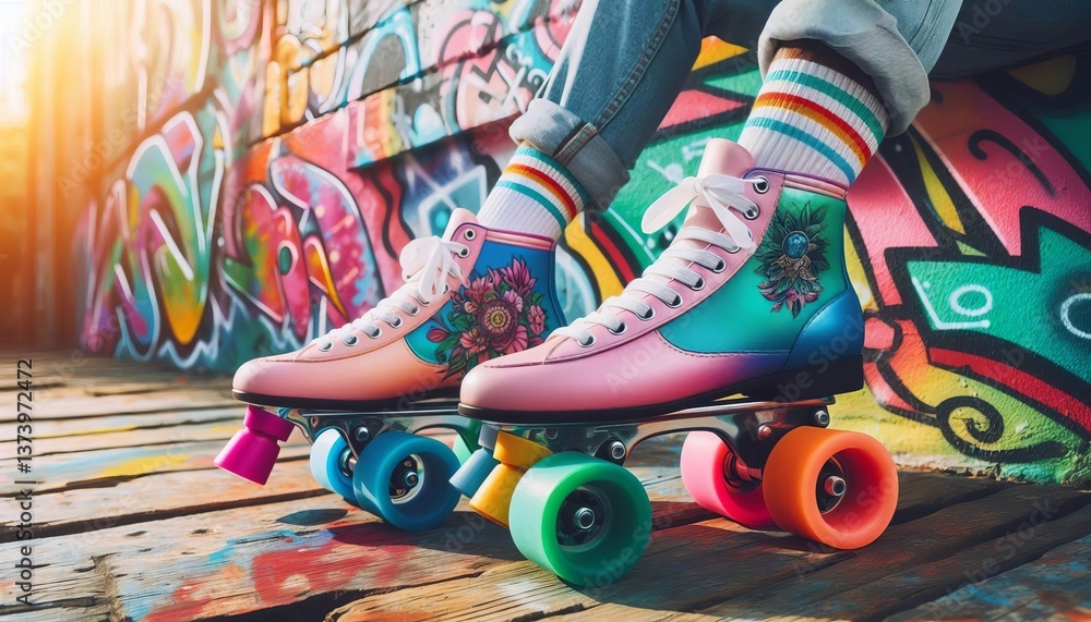 Fototapeta premium A pair of trendy roller skates with colorful wheels resting agai
