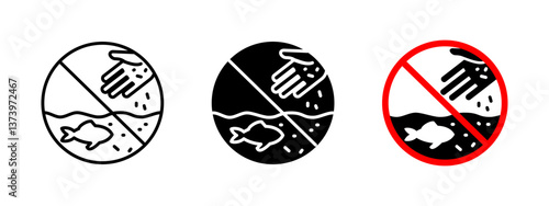 No feeding fish icon. Prohibited fish feeding vector illustration. Restriction sign for aquatic ecosystem protection. Warning symbol of overfeeding and maintaining water quality in marine environments