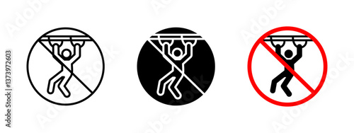 No hanging on bars icon. Prohibited activity vector illustration. Restriction sign for public safety and prevention of accidents. Warning symbol to discourage unsafe behavior in urban and public.