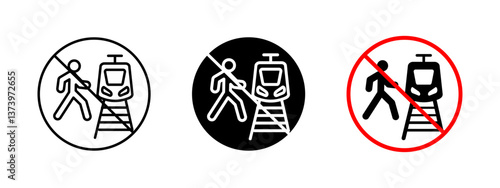No train crossing icon. Prohibited pedestrian railway vector illustration. Warning sign for railway safety and track crossing. Caution symbol for avoiding accidents and public transport security.