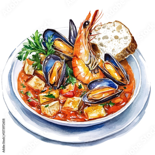 A watercolor vector of bouillabaisse, isolated on a white background. Bouillabaisse vector.

