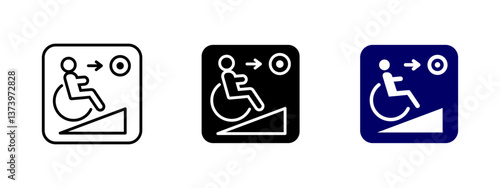 Wheelchair accessibility icon. Disabled ramp vector illustration. Mobility support sign for inclusive facilities. Symbol for independent movement and accessible infrastructure in public spaces.