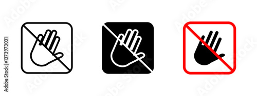Do not touch icon. Prohibited hand sign with warning symbol. No touching caution label. Safety and restriction pictogram for hazardous areas or sensitive equipment.