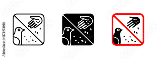No bird feeding icon. Prohibited wildlife feeding sign with hand and pigeon. Urban area regulation and hygiene warning label. Environmental protection and pest prevention symbol.