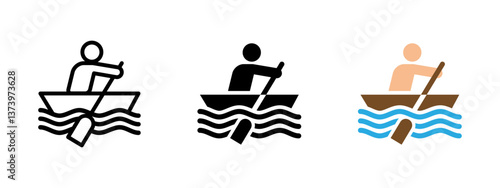 Rowing icon. Person paddling a boat vector illustration. Recreational water activity sign for fitness and adventure. Symbol for outdoor sports, river travel and active leisure on lakes or open waters.