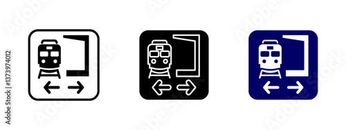 Train station platform icon. Railway transit vector illustration. Symbol indicating metro or subway access with directional guidance. Public transportation sign for rail travel navigation.