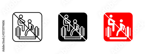 Escalator safety warning icon. Prohibited actions vector illustration. Sign indicating restricted behavior on escalators to prevent accidents. Public transportation caution symbol for safety awareness