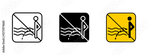 No urination in water icon. Pee prohibition vector illustration. Public restriction sign indicating a ban on urinating in lakes, rivers or pools. Environmental and hygiene notice pictogram.