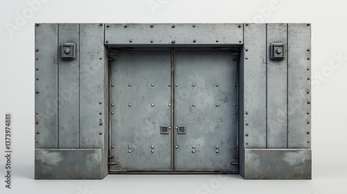 Heavy industrial metal door with riveted panels and square detailing in a gray steel finish for secure entry access