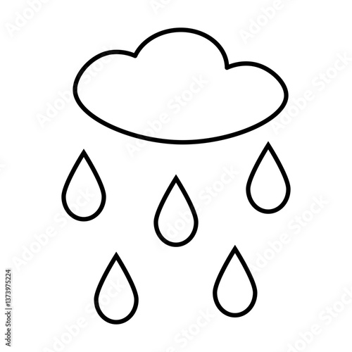 Minimalist black and white outline of a rain cloud with falling raindrops, symbolizing weather, rain, or precipitation in a simple design. Vector illustration