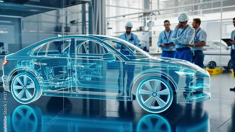 High-tech engineering laboratory displaying a holographic transparent car model showcasing advanced automotive technology and design possibilities High-tech engineering laboratory displaying a holographic transparent car model showcasing advanced automotive technology and design possibilities