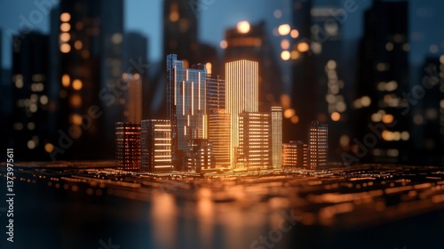Vibrant Night Cityscape with Glowing Skyscrapers and Urban Lights in Modern Metropolis Environment
