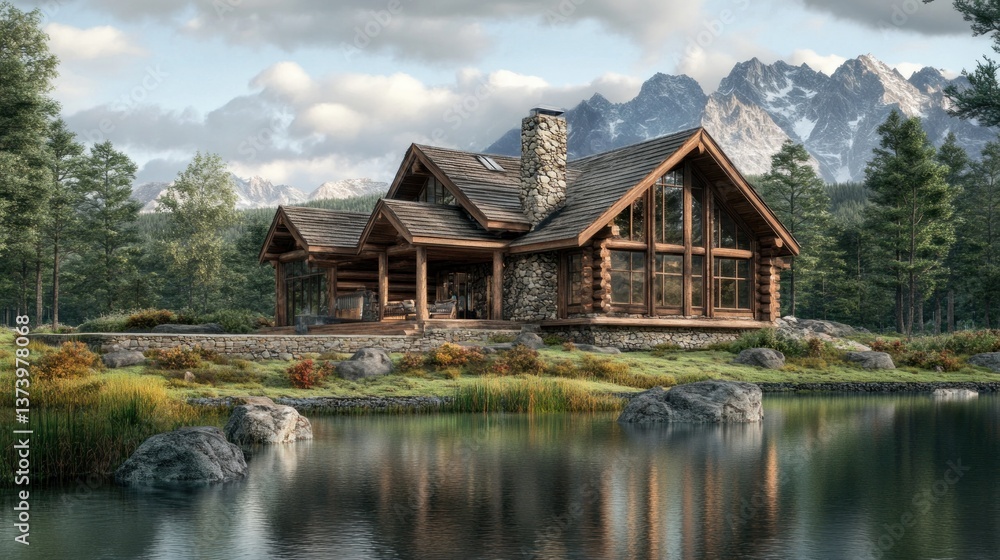 Fototapeta premium Mountain lakefront log cabin home, scenic view, real estate