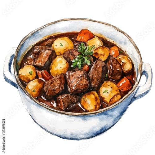 A watercolor vector of boeuf bourguignon, isolated on a white background. Boeuf bourguignon vector.

