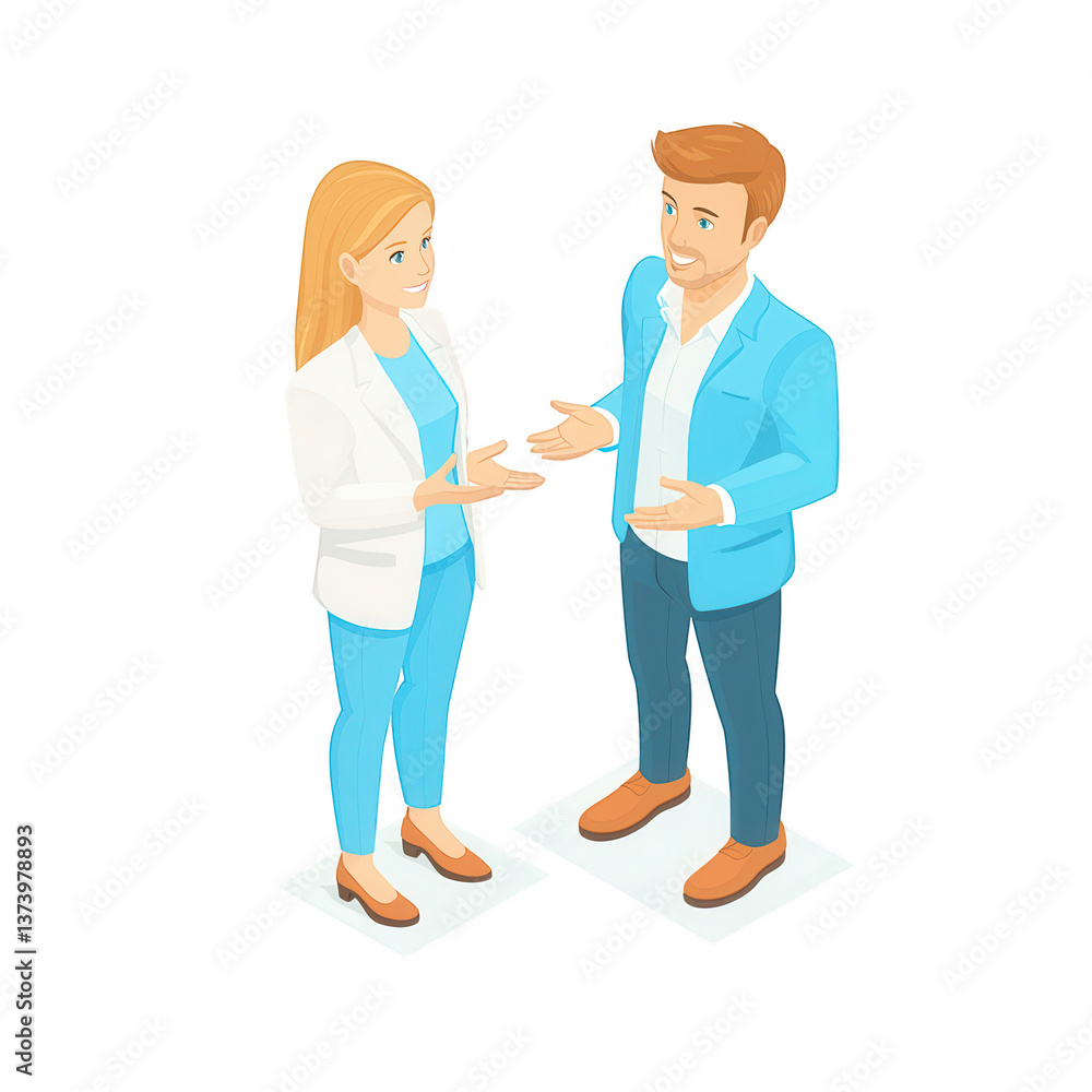 Two business professionals engaged in a conversation, showcasing teamwork and communication skills, ideal for corporate presentations or business-related themes. Two business professionals engaged in a conversation, showcasing teamwork and communication skills, ideal for corporate presentations or business-related themes.