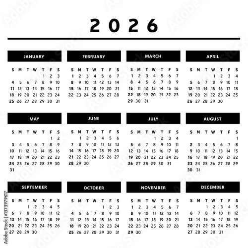 Calendrier 2026 en Anglais - Couleurs Noir et Blanc Format 3 x 4 Trimestres