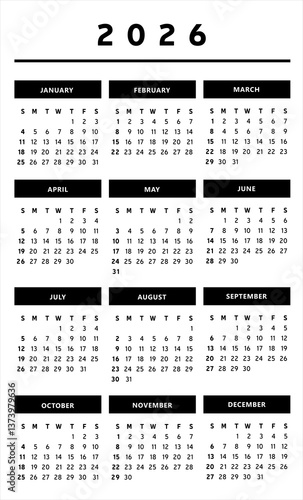 Calendrier 2026 en Anglais - Couleurs Noir et Blanc Format 3 Colonnes 4 Trimestres