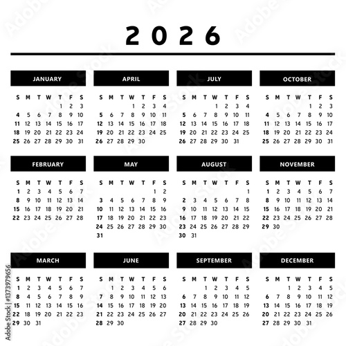 Calendrier 2026 en Anglais - Couleurs Noir et Blanc Format 3 x 4 Trimestres