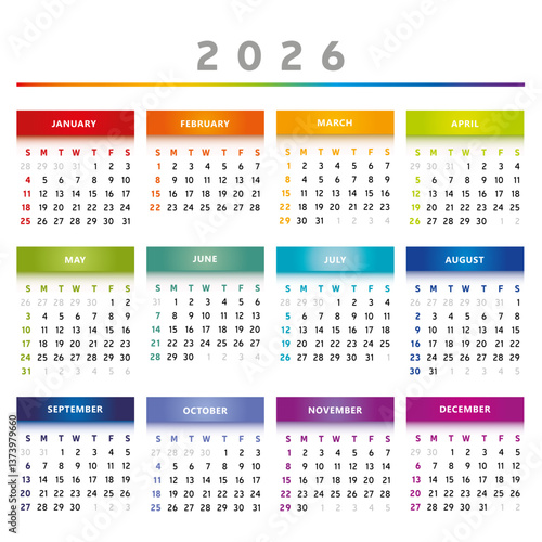 Calendrier 2026 en Anglais - Couleurs Arc-en-Ciel Format 4 Trimestres