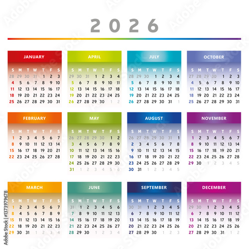 Calendrier 2026 en Anglais - Couleurs Arc-en-Ciel Format 4 Trimestres
