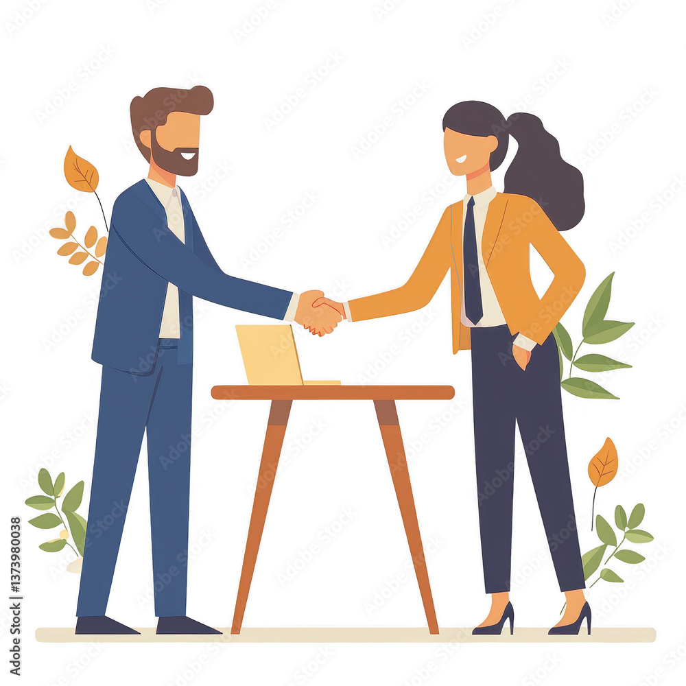 Two professionals shaking hands in a friendly business agreement, standing beside a table with plants in the background, symbolizing partnership and collaboration. Two professionals shaking hands in a friendly business agreement, standing beside a table with plants in the background, symbolizing partnership and collaboration.