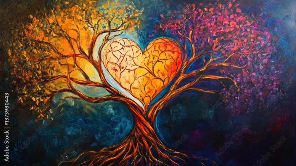 Obraz premium Heart-shaped tree, four seasons, canvas painting, dark background, wall art