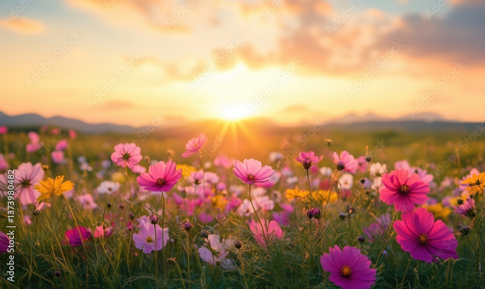 Vibrant wildflower field at sunset with colorful blooms and golden light Vibrant wildflower field at sunset with colorful blooms and golden light