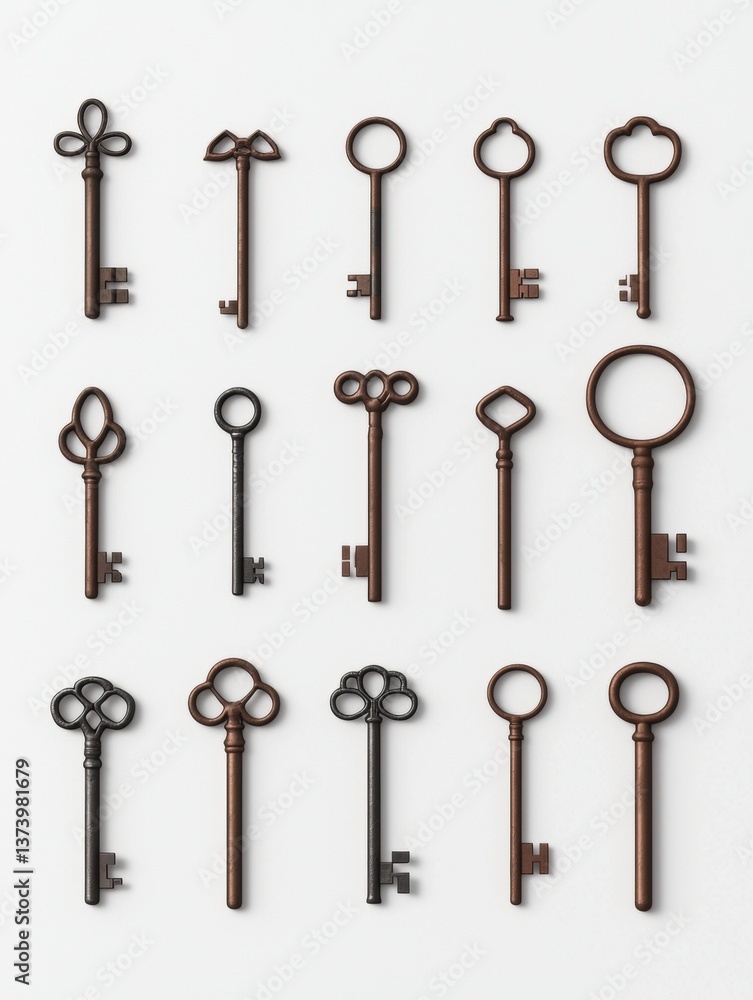 Collection of 12 old keys arranged in a grid-like pattern on a white background. the keys are of different shapes and sizes, with some being round and others being oval-shaped. Collection of 12 old keys arranged in a grid-like pattern on a white background. the keys are of different shapes and sizes, with some being round and others being oval-shaped.
