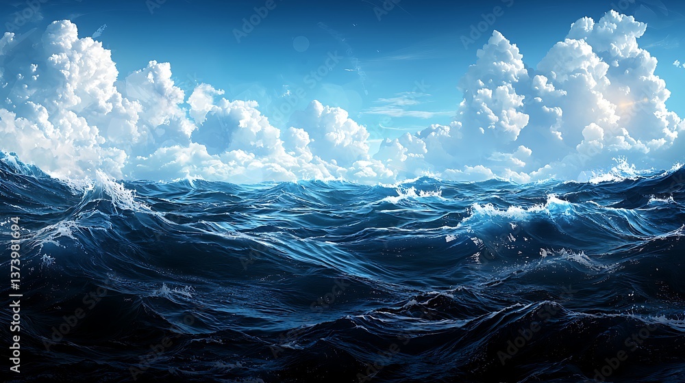 Fototapeta premium Ocean Waves with Blue Sky, and Cloudscape.