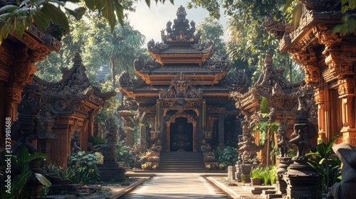 Jungle Temple Pathway, Sunrise, Asian Architecture, Spiritual Serenity