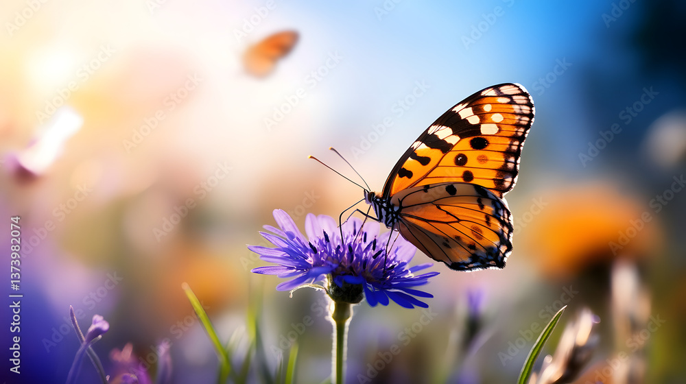 Obraz premium A butterfly alights on a vibrant violet flower in a field of colorful wildflowers under a bright blue sky, surrounded by gentle winds.
