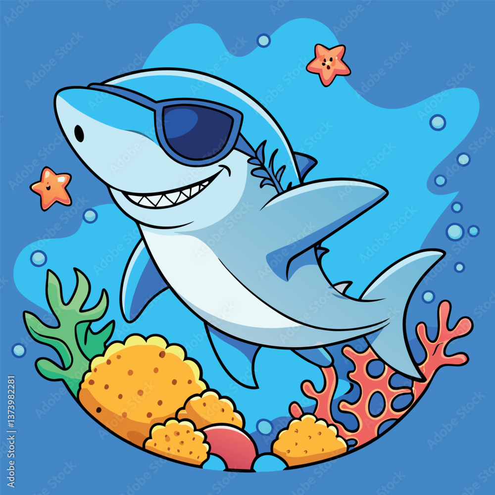 Naklejka premium Cute shark wearing-sunglass adventure in deep.