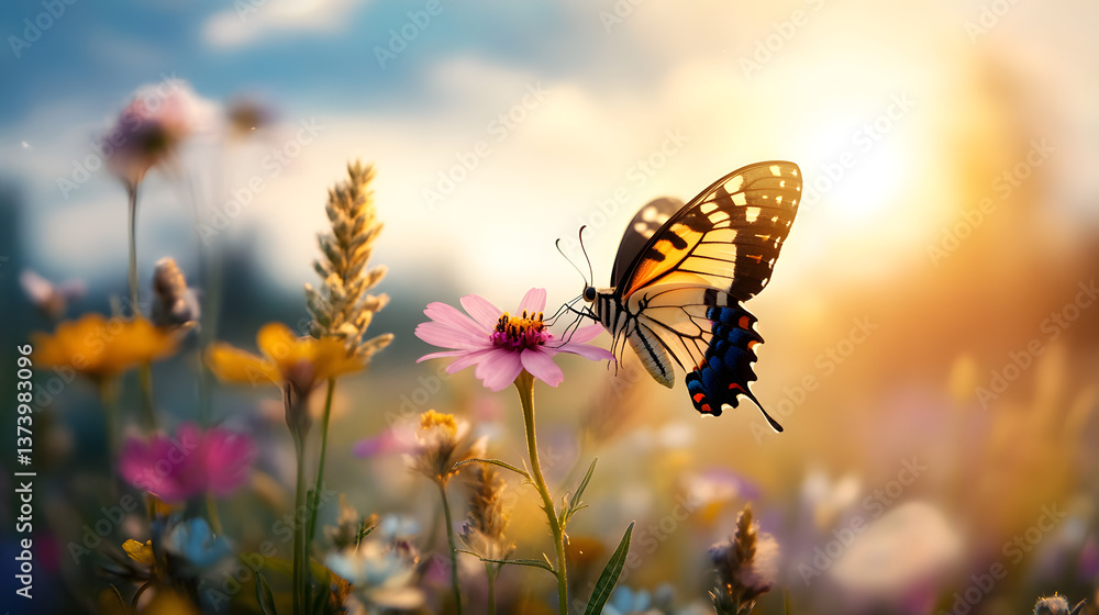 Obraz premium A butterfly delicately perched on a pink flower in a meadow full of vibrant, colorful wildflowers, under a soft blue sky with white clouds.