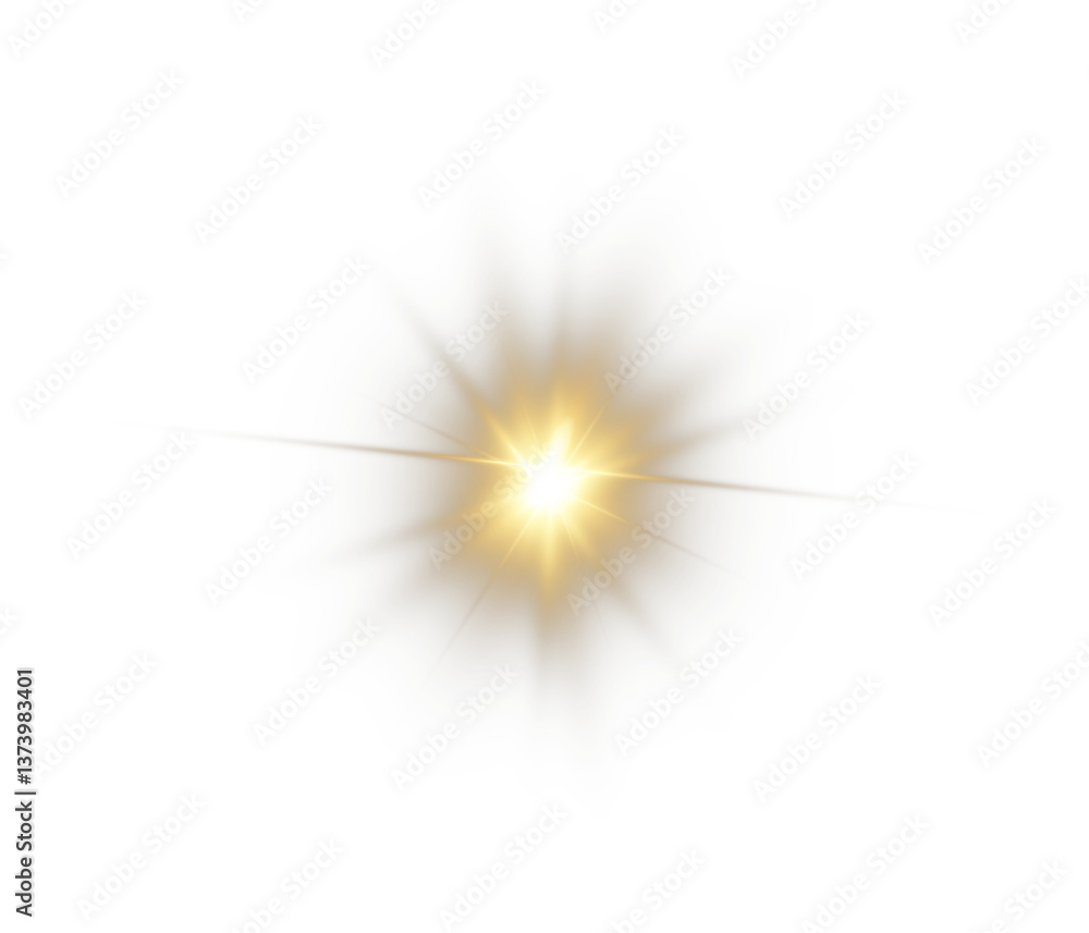 Fototapeta premium Png shine gold star light with sparkle effect. Glowing yellow light, magic star sparks, and lens flare on a transparent background. Perfect for highlights and special effects. Png illustration