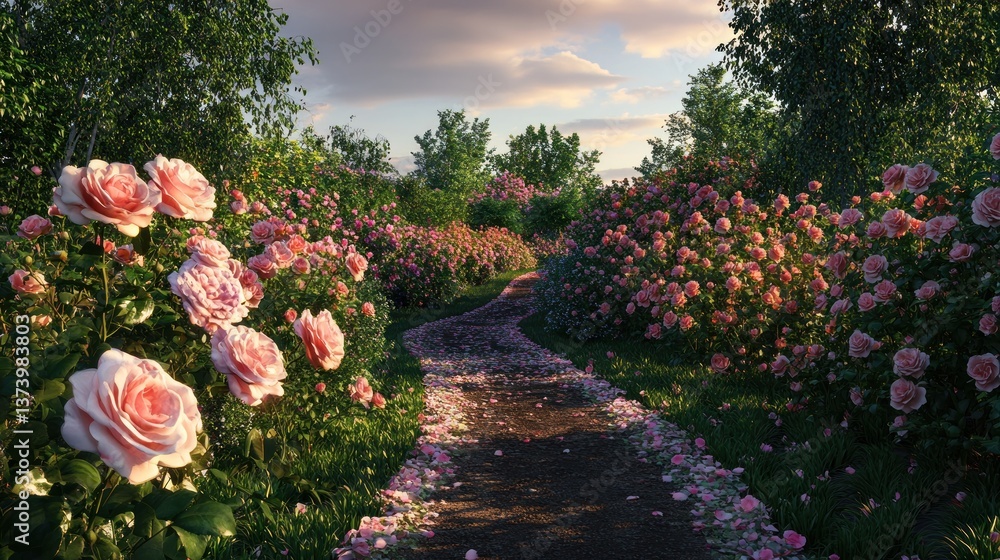 Fototapeta premium Rose garden path sunset landscape, idyllic scene
