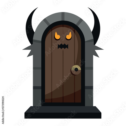 Illustration of spooky door with creepy knocker 