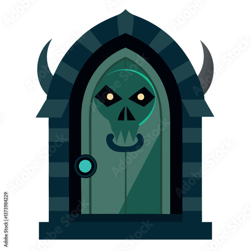 Illustration of spooky door with creepy knocker 