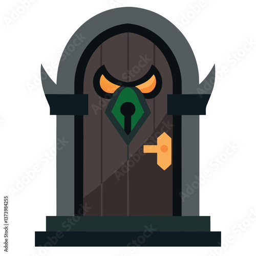 Illustration of spooky door with creepy knocker 