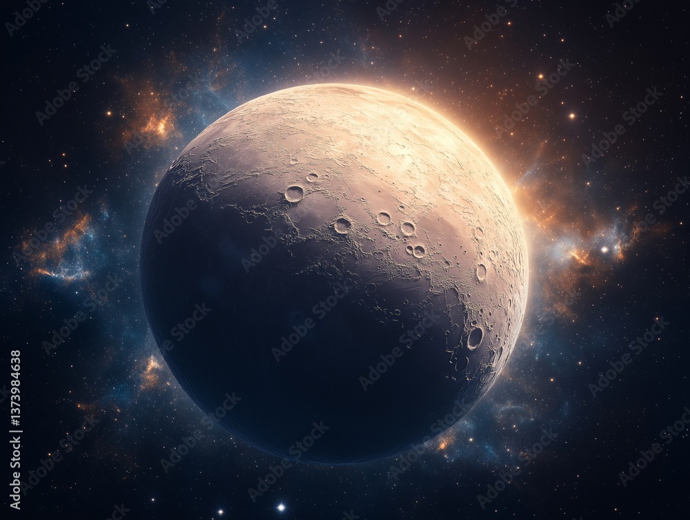 Fototapeta premium Mystical view of a craggy planetary surface illuminated by distant sunlight in the midst of a vibrant cosmic nebula and stars