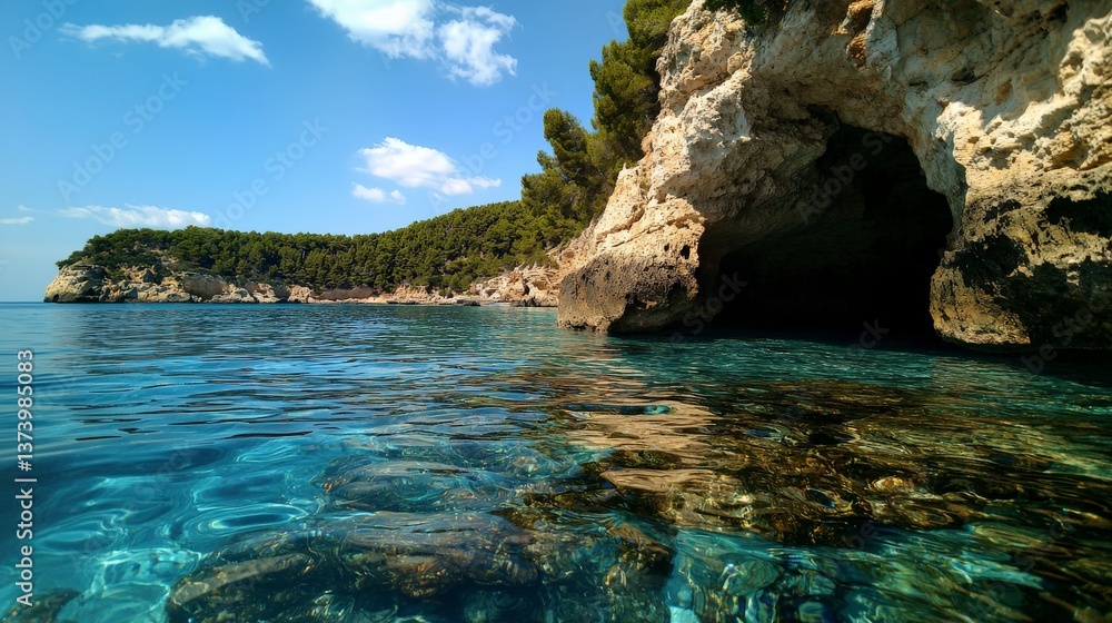 Fototapeta premium Underwater cave exploration crystal clear waters greece nature photography serene environment scenic view